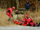 A rescue team conducts an ice safety training exercise involving a sled and emergency response gear.