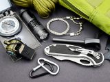 A comprehensive layout of essential survival tools including compass, flashlight, and knife, perfect for outdoor adventures.