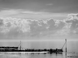 grayscale photo of body of water near city buildings under cloudy sky