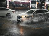 cars driving through a flooded street