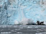 Dramatic glacier calving with ice chunks crashing into the sea, showcasing nature's power.
