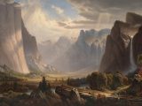 a painting of a mountain landscape with a river in the foreground