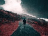 painting of man walking down a road holding umbrella