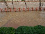 A city park flooded by a swollen river after heavy rainfall, showing the impact of severe weather.